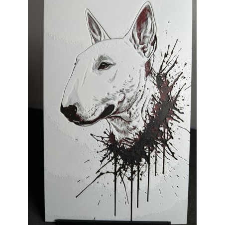 Représentation 3D artistique d’un Bull Terrier Anglais, imprimé avec la technologie Hueforge.